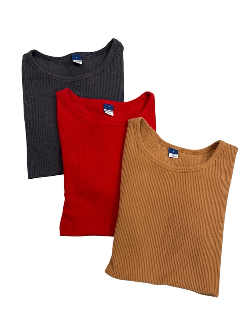 Bundle of 3 Ribbed Crewneck Long Sleeve Tops Small Grey, Red, Camel